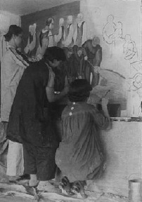 black and white photograph of students working on the Youth Marches On mural